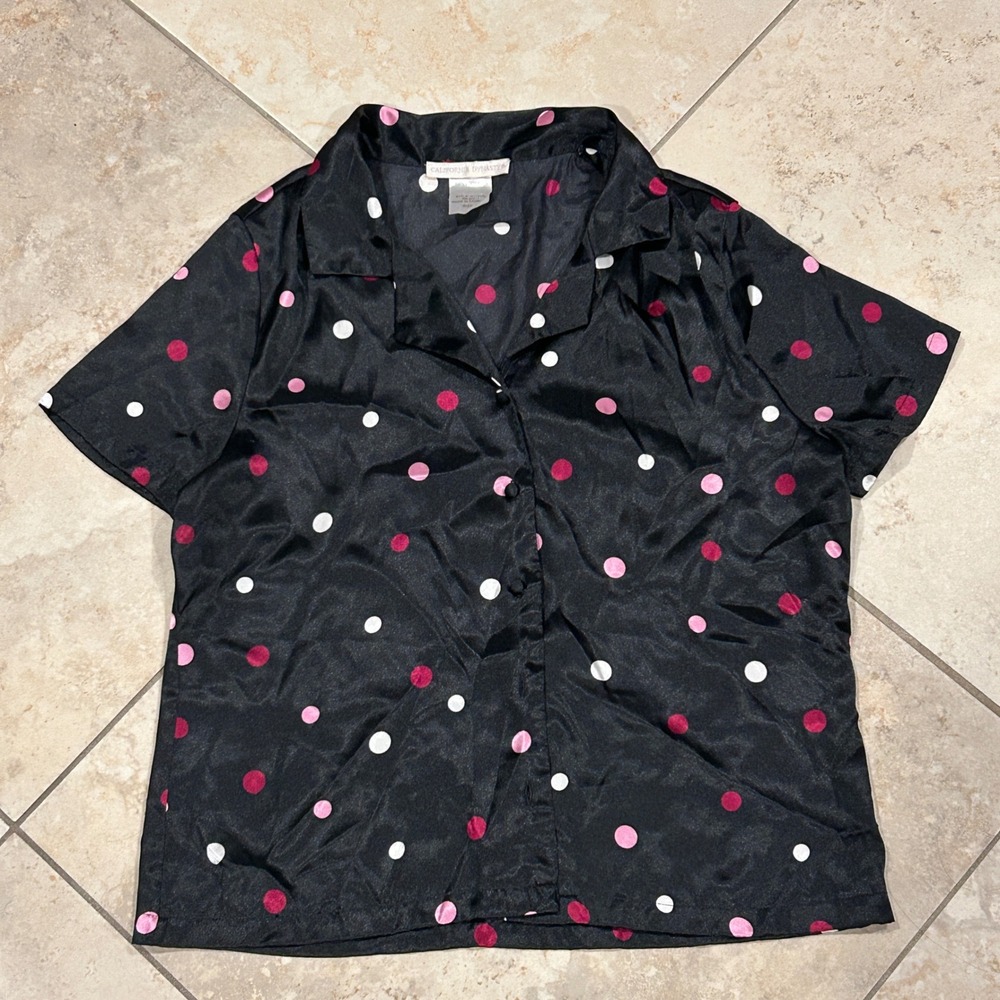 California Dynasty Pajama Top Womens S Black Polka Dot Satin Button Up Sleepwear